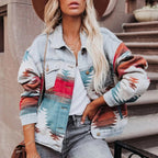 Women's Denim Jacket with Aztec Print Panels and Button Front - 2