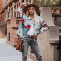 Women's Denim Jacket with Aztec Print Panels and Button Front