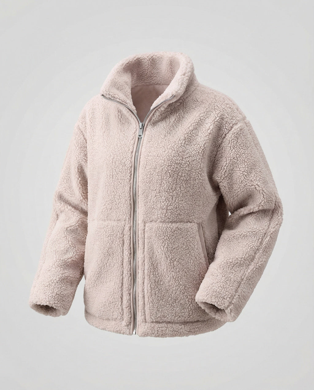 Women's Teddy Zip-Up Jacket with High Collar Regular Fit - Beige