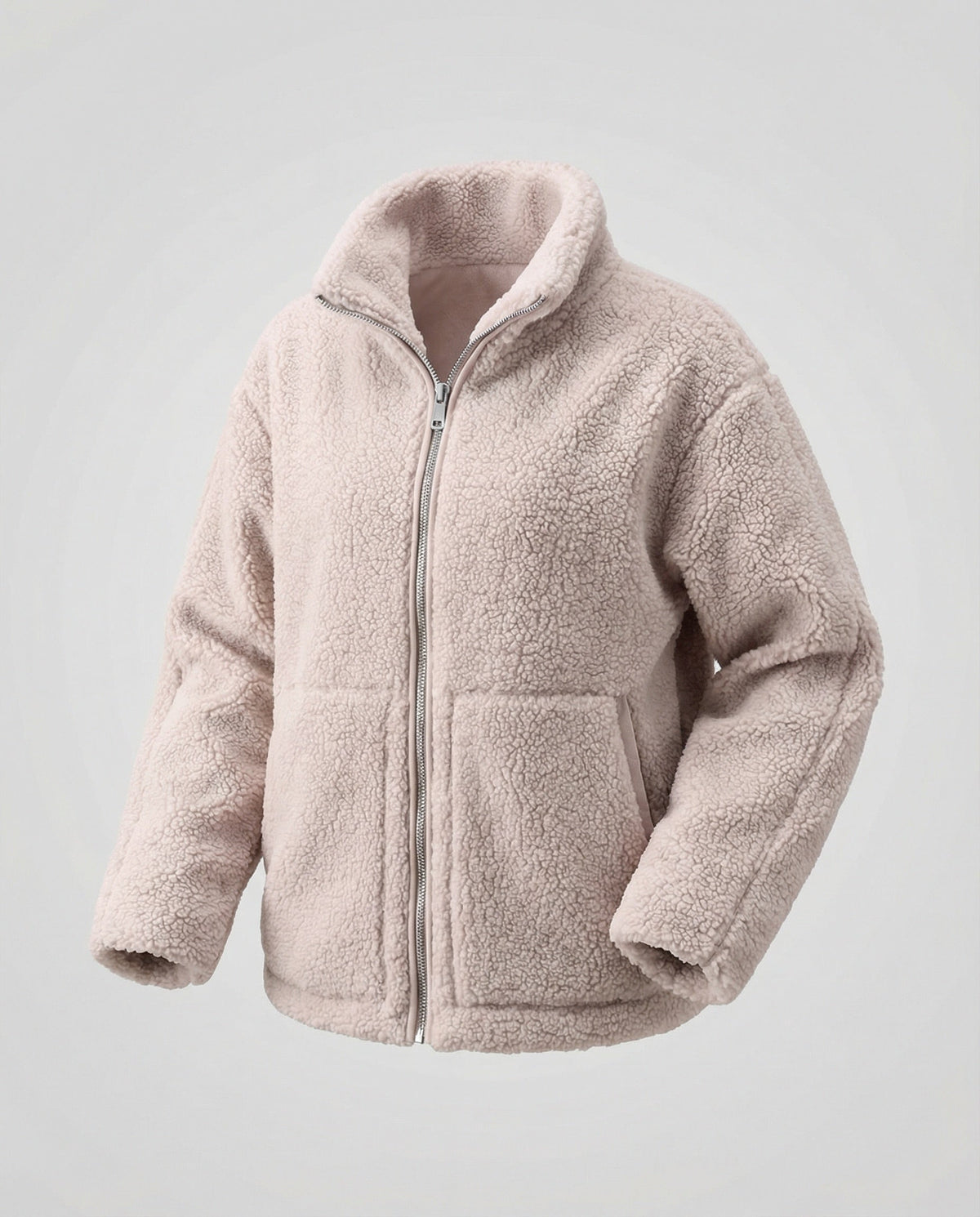 Women's Teddy Zip-Up Jacket with High Collar Regular Fit - Beige
