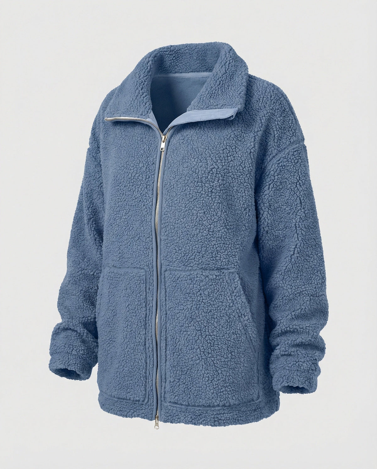 Women's Teddy Zip-Up Jacket with High Collar Regular Fit - Blue