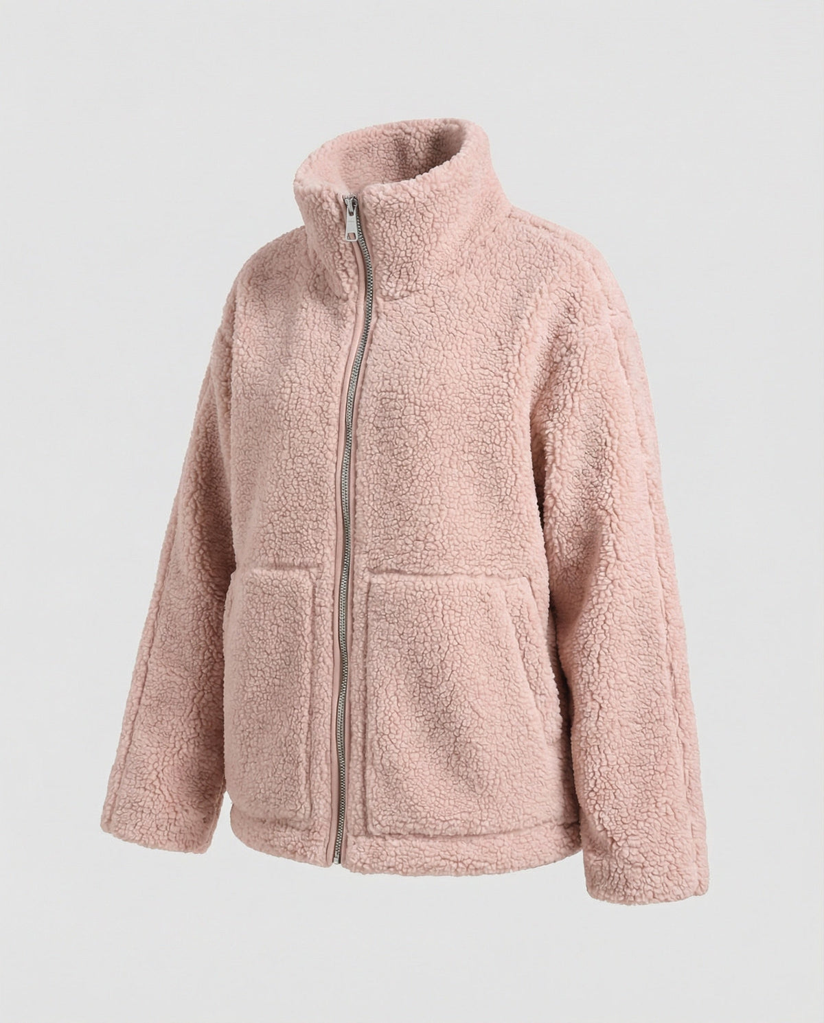 Women's Teddy Zip-Up Jacket with High Collar Regular Fit - Pink