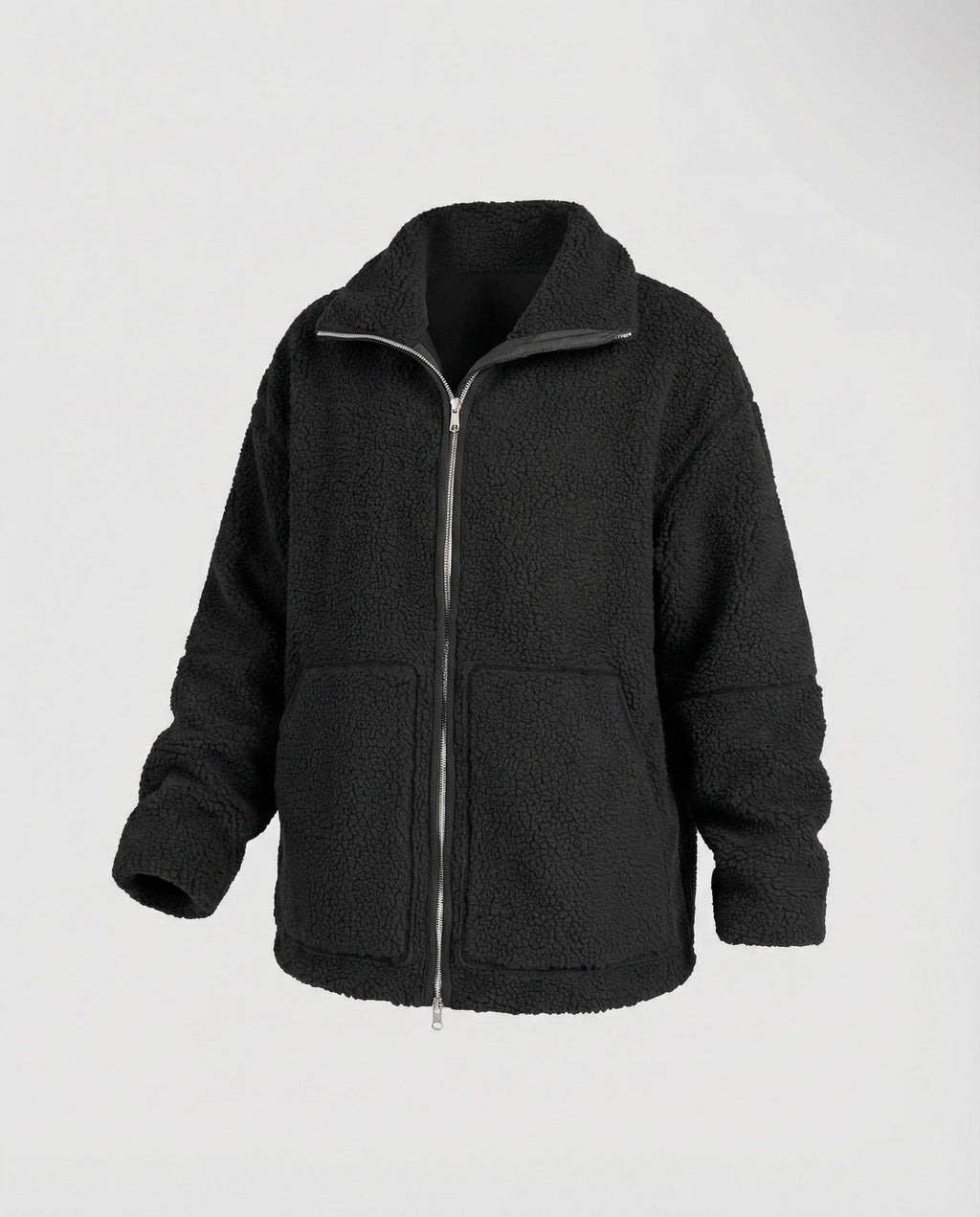 Women's Teddy Zip-Up Jacket with High Collar Regular Fit - Black