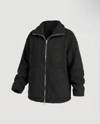 Women's Teddy Zip-Up Jacket with High Collar Regular Fit - Black
