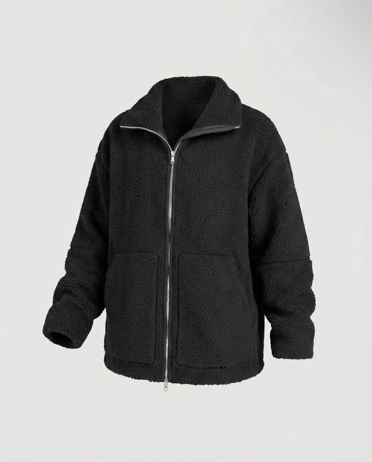 Women's Teddy Zip-Up Jacket with High Collar Regular Fit - Black