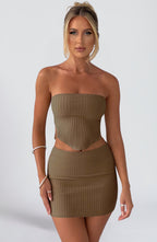 Women's Ribbed Bodycon Mini Dress Strapless with Cutout Waist - 2