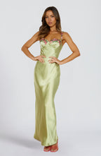 Women's Satin Maxi Dress Sleeveless with Floral Trim and V-Neck - 2
