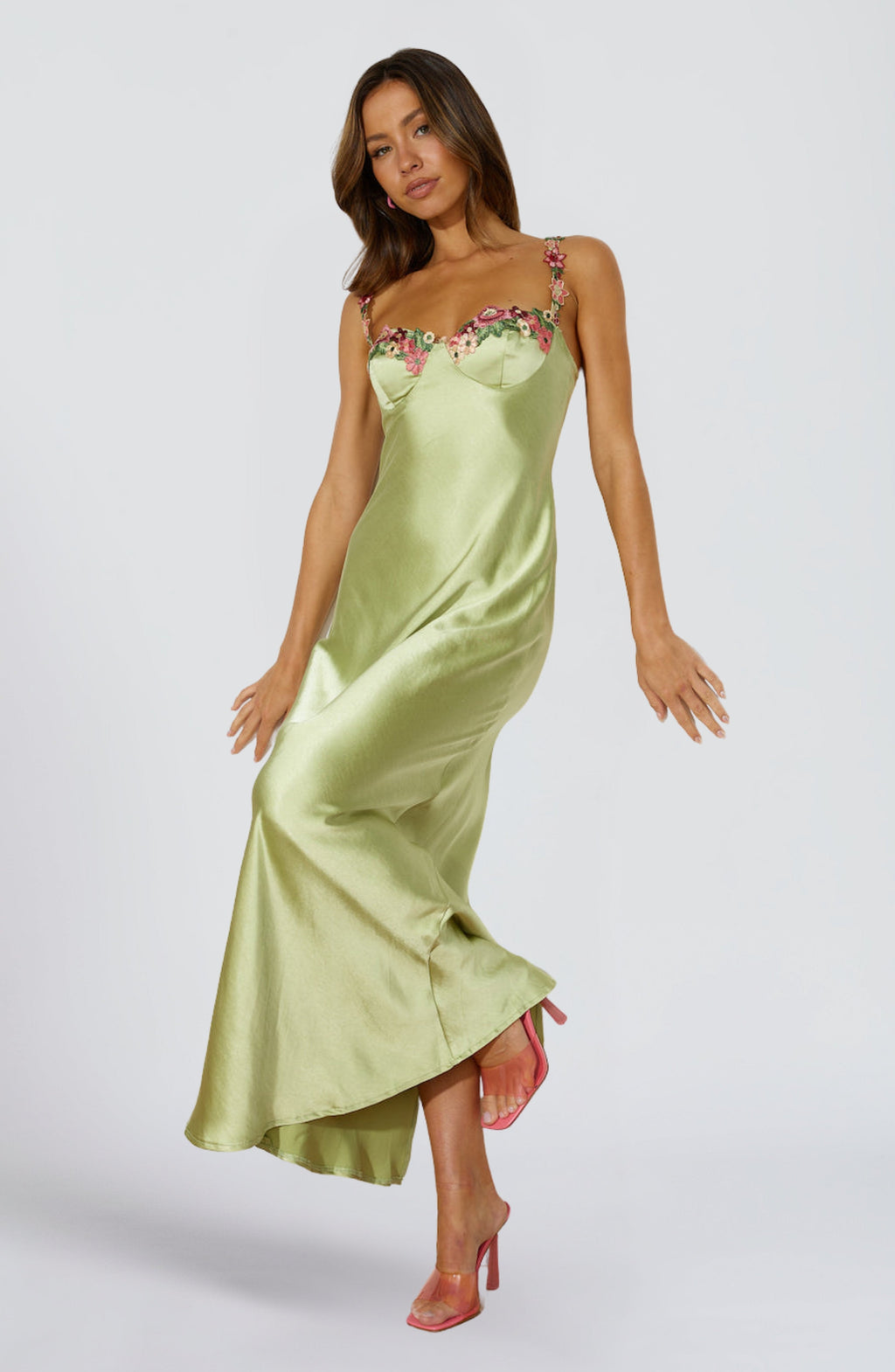 Women's Satin Maxi Dress Sleeveless with Floral Trim and V-Neck - 3