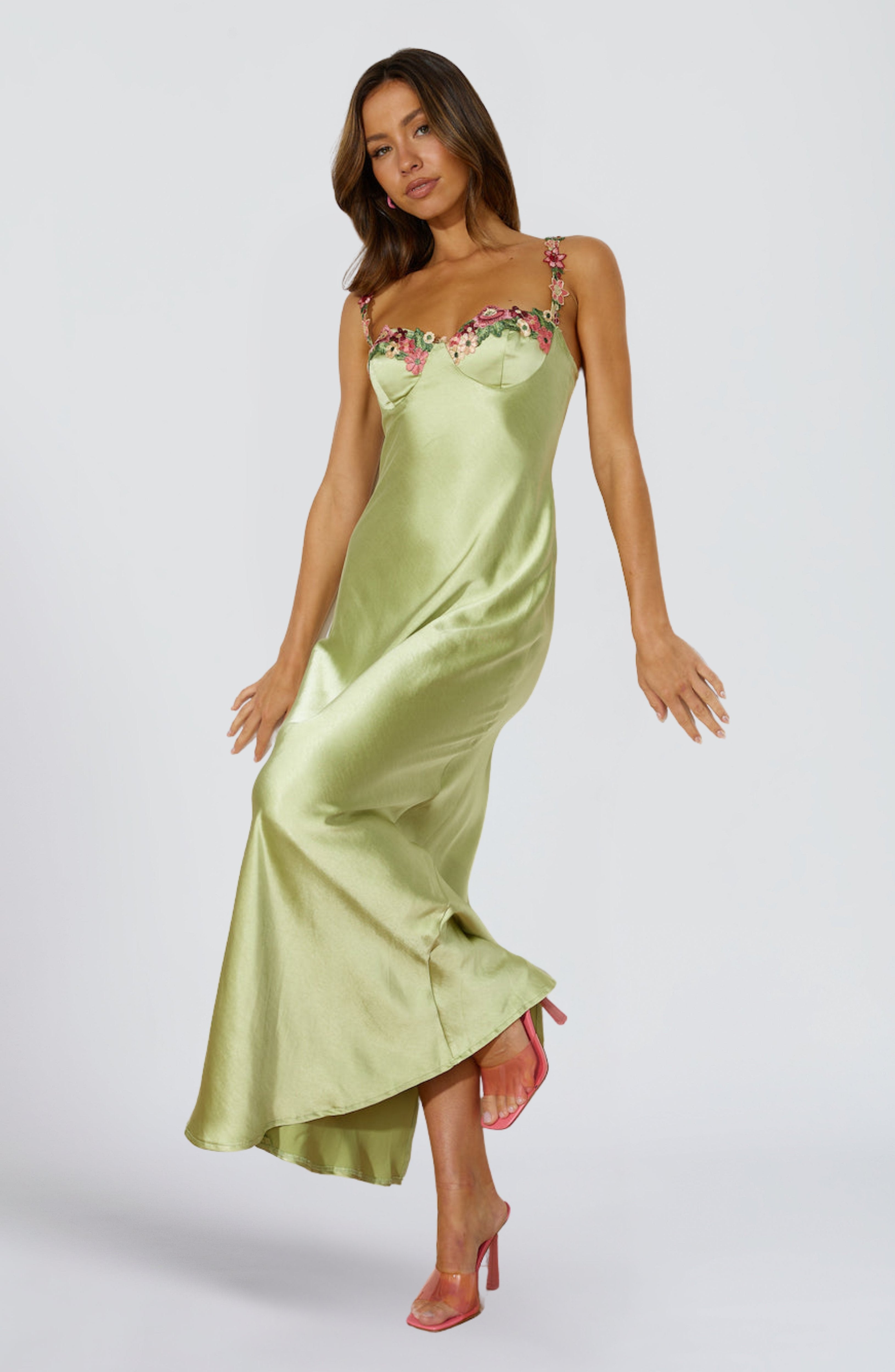 Women's Satin Maxi Dress Sleeveless with Floral Trim and V-Neck - 3