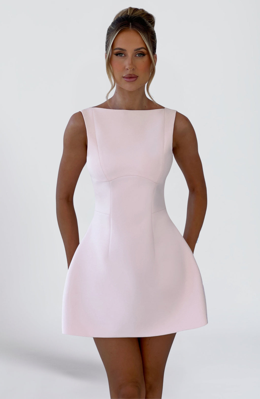 Women's Structured Mini Dress Sleeveless with Boat Neck and A-Line Skirt - 3