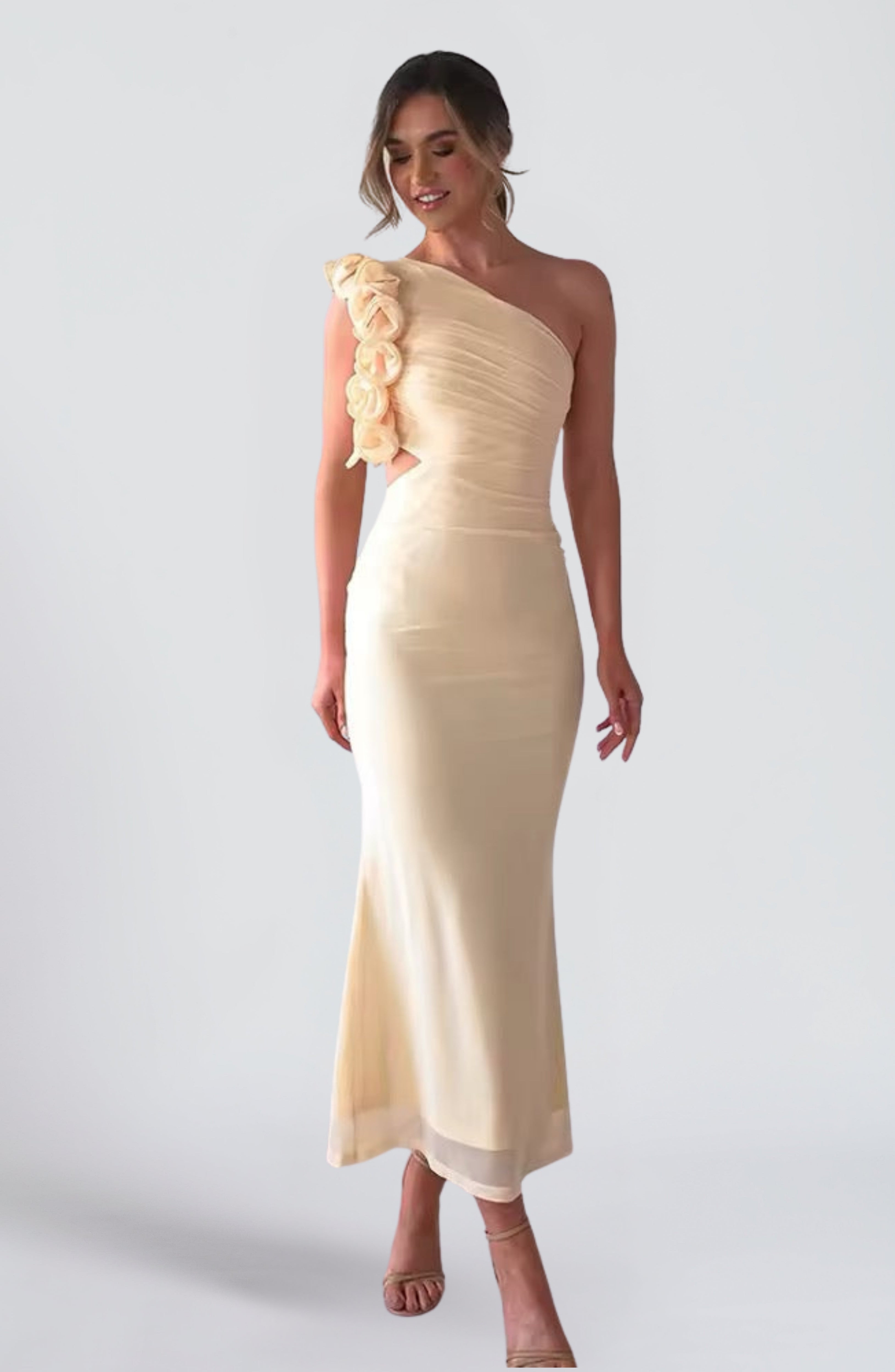 Women's Evening Maxi Dress One Shoulder with Floral Trim and Cutout Waist - 2