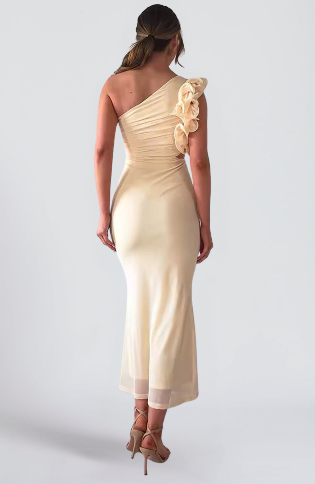Women's Evening Maxi Dress One Shoulder with Floral Trim and Cutout Waist - 3