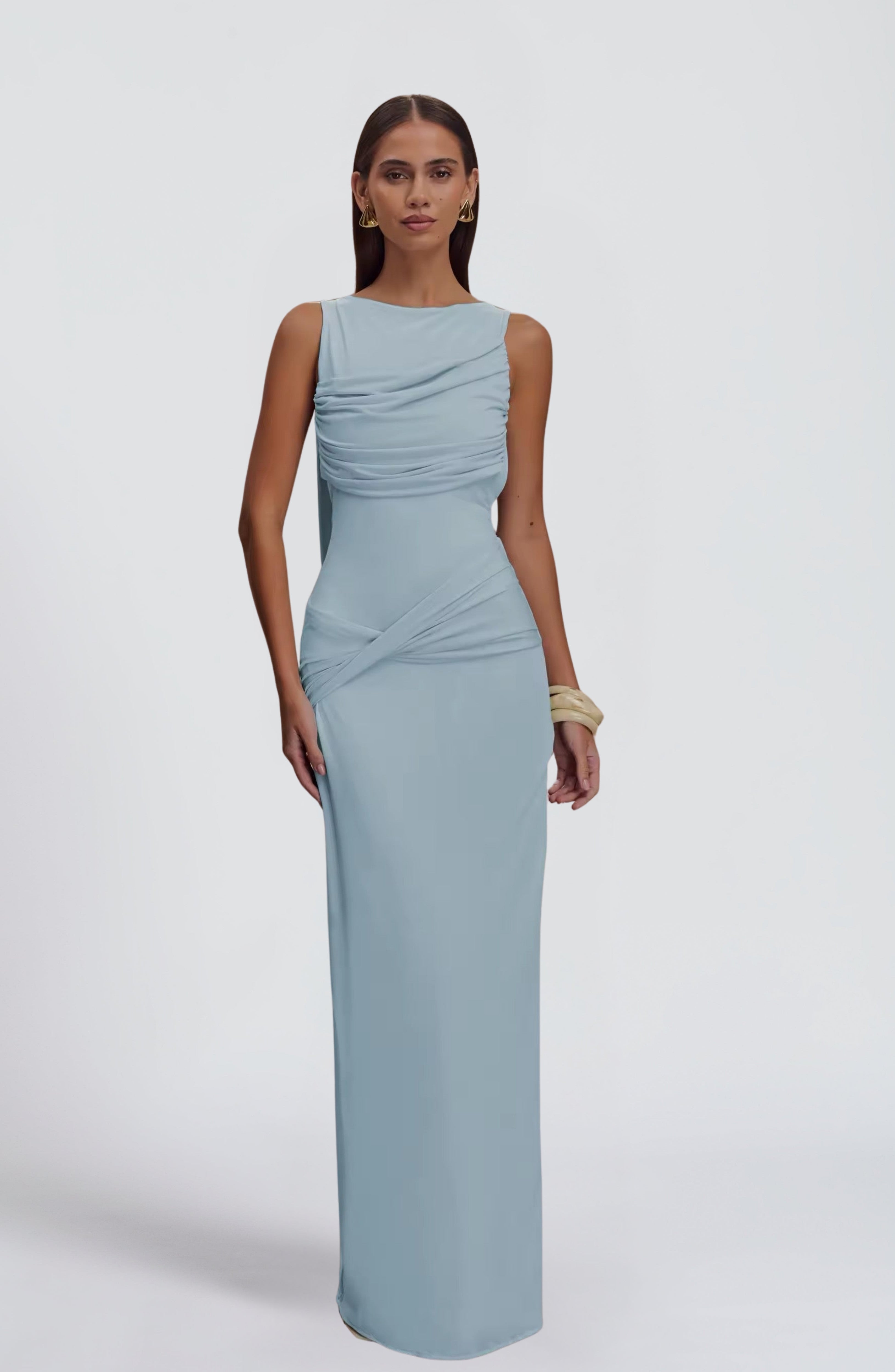 Women's Sleeveless Bodycon Maxi Dress with Ruched Detail and Boat Neck - 2