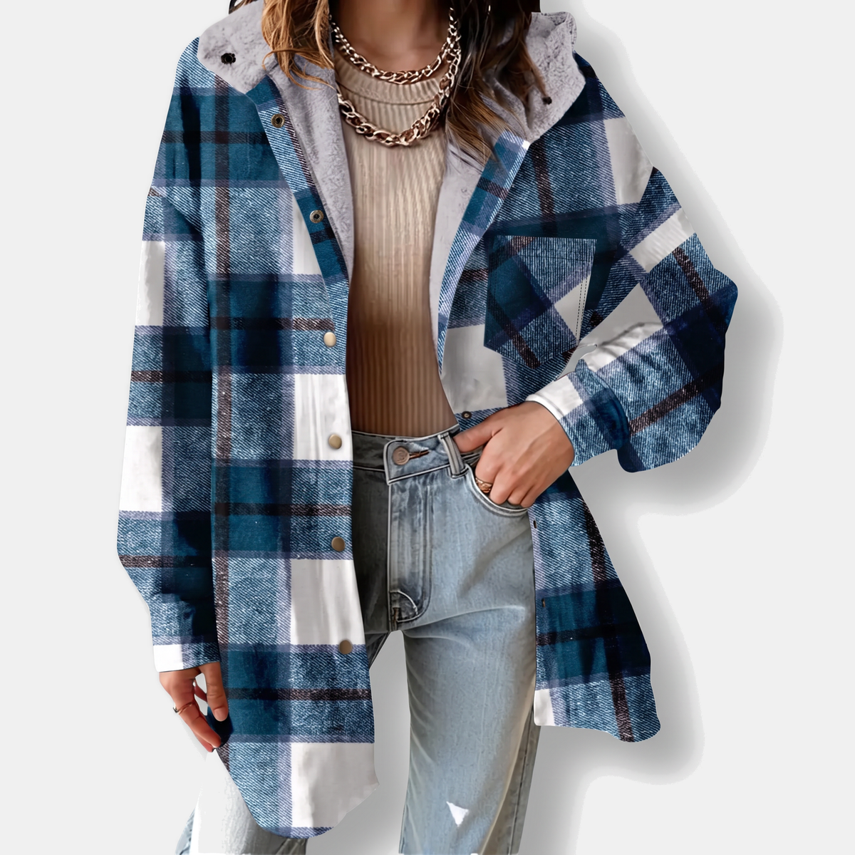 Women's Flannel Hooded Check Shacket Fleece Lined Coat - Prussian Blue