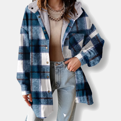 Women's Flannel Hooded Check Shacket Fleece Lined Coat - Prussian Blue