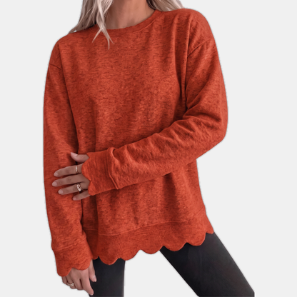 Women's Scallop Hem Crewneck Oversized Sweatshirt - Pumpkin Orange