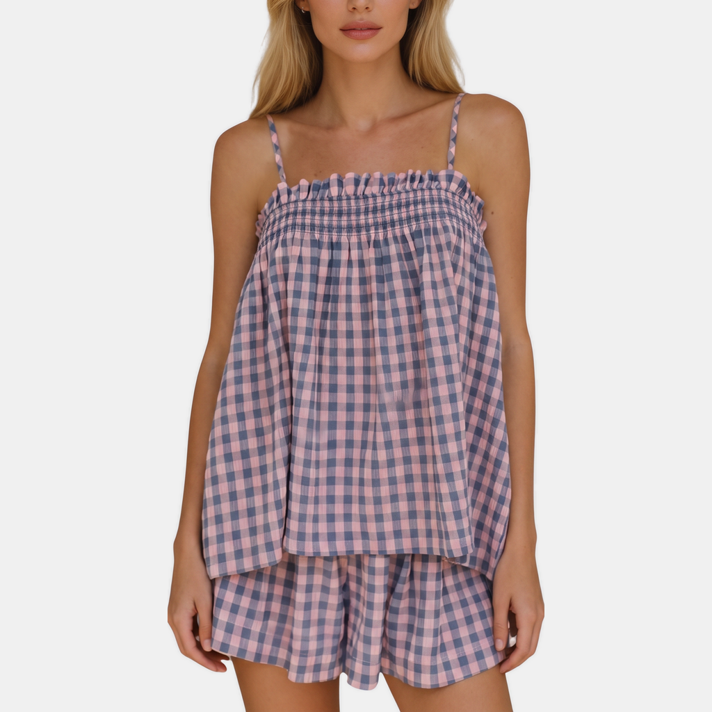 Women's Smocked Ruffle Trim Gingham Cami Two Piece Set - Purple
