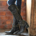 Women's Knee-High Boots with Studded Detail and Pointed Toe - Black