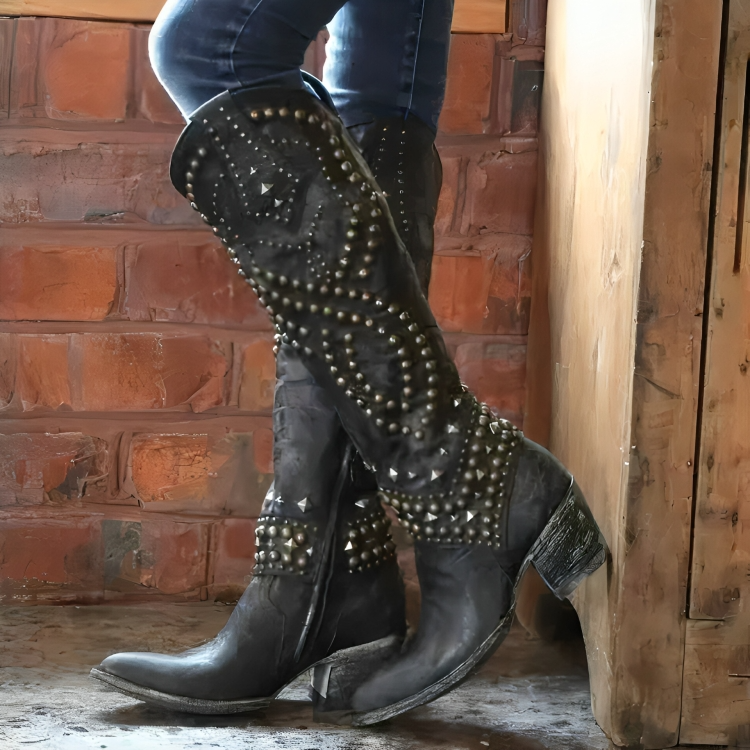 Women's Knee-High Boots with Studded Detail and Pointed Toe - Black