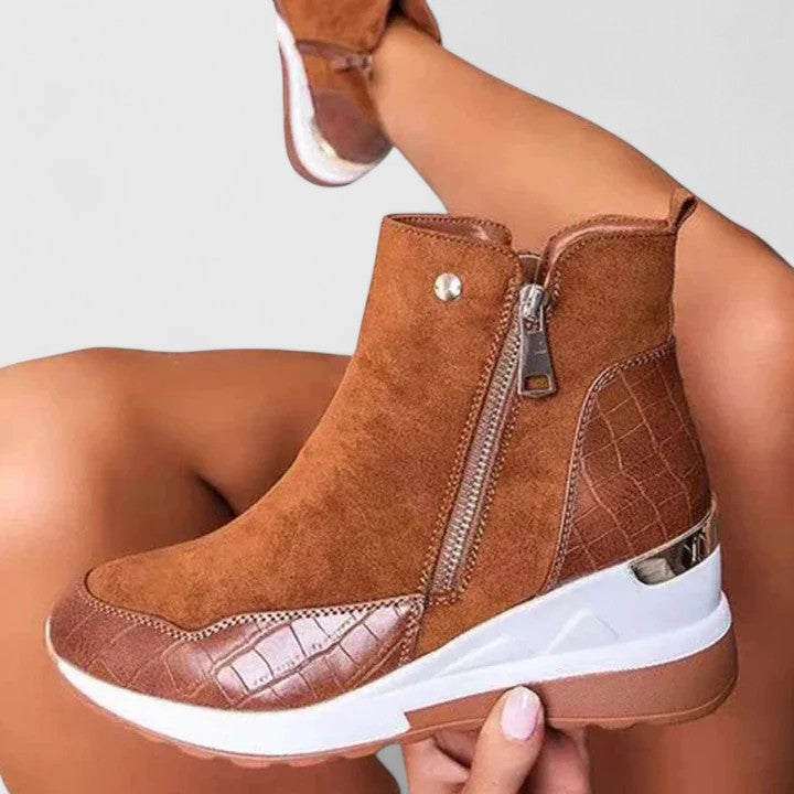 Women's Wedge Boots with Zip Closure and Textured Panels - 2