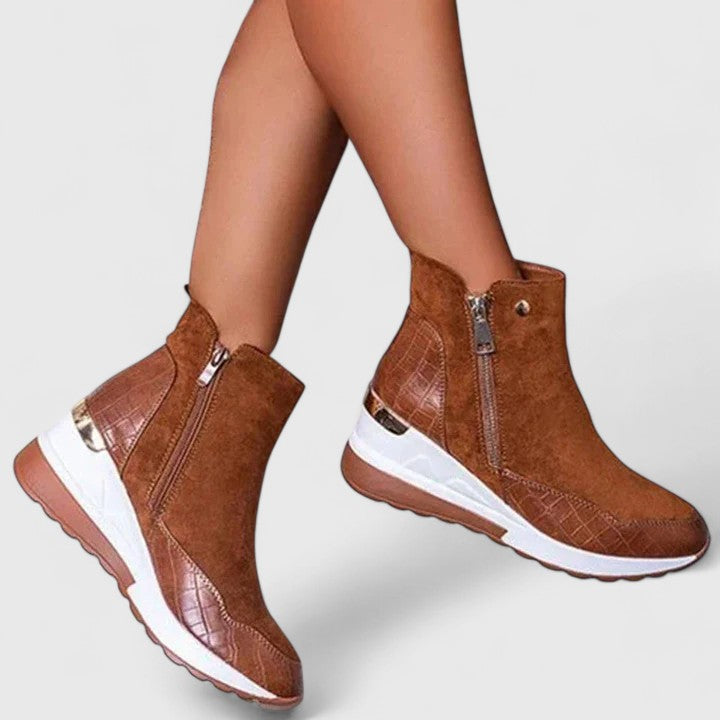 Women's Wedge Boots with Zip Closure and Textured Panels - Chestnut Brown