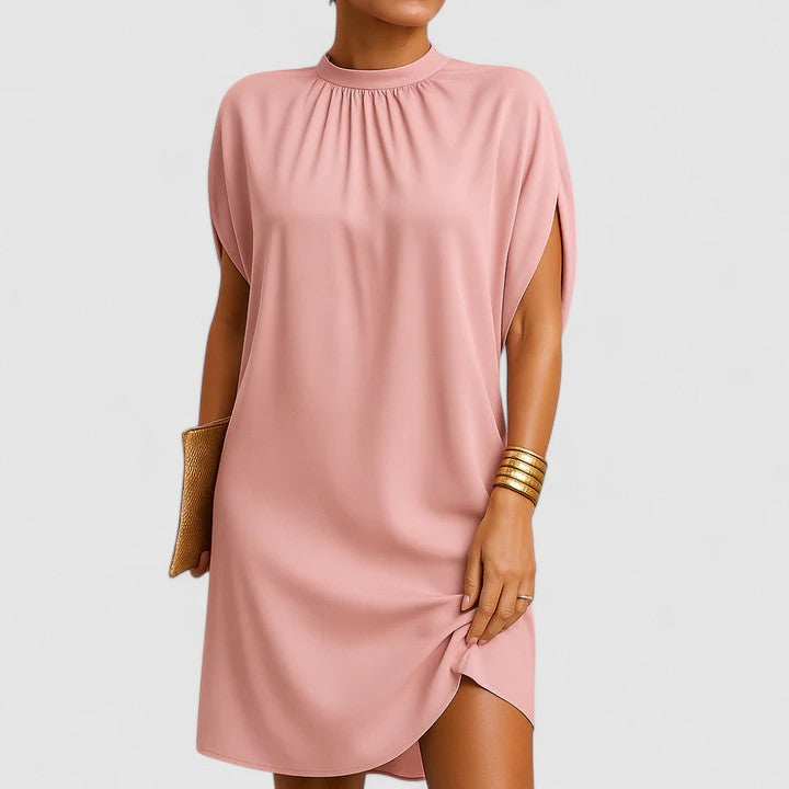 Women's Shift Dress with Ruched Neckline and Shoulder Cutouts - Pink