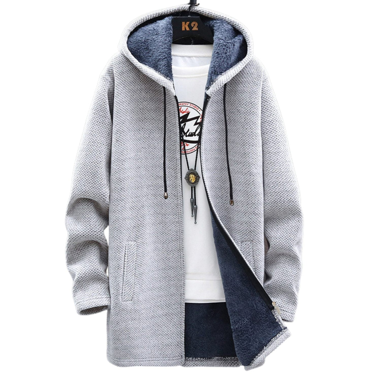 Women's Longline Zip Hoodie with Adjustable Hood - Light Grey