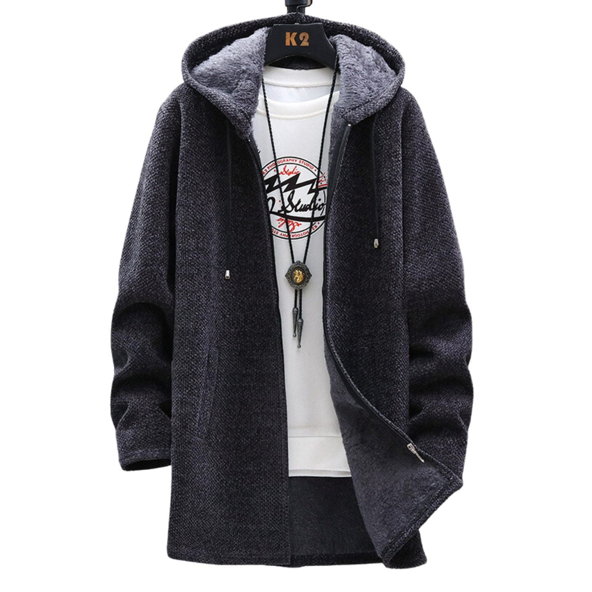Women's Longline Zip Hoodie with Adjustable Hood - Dark Grey