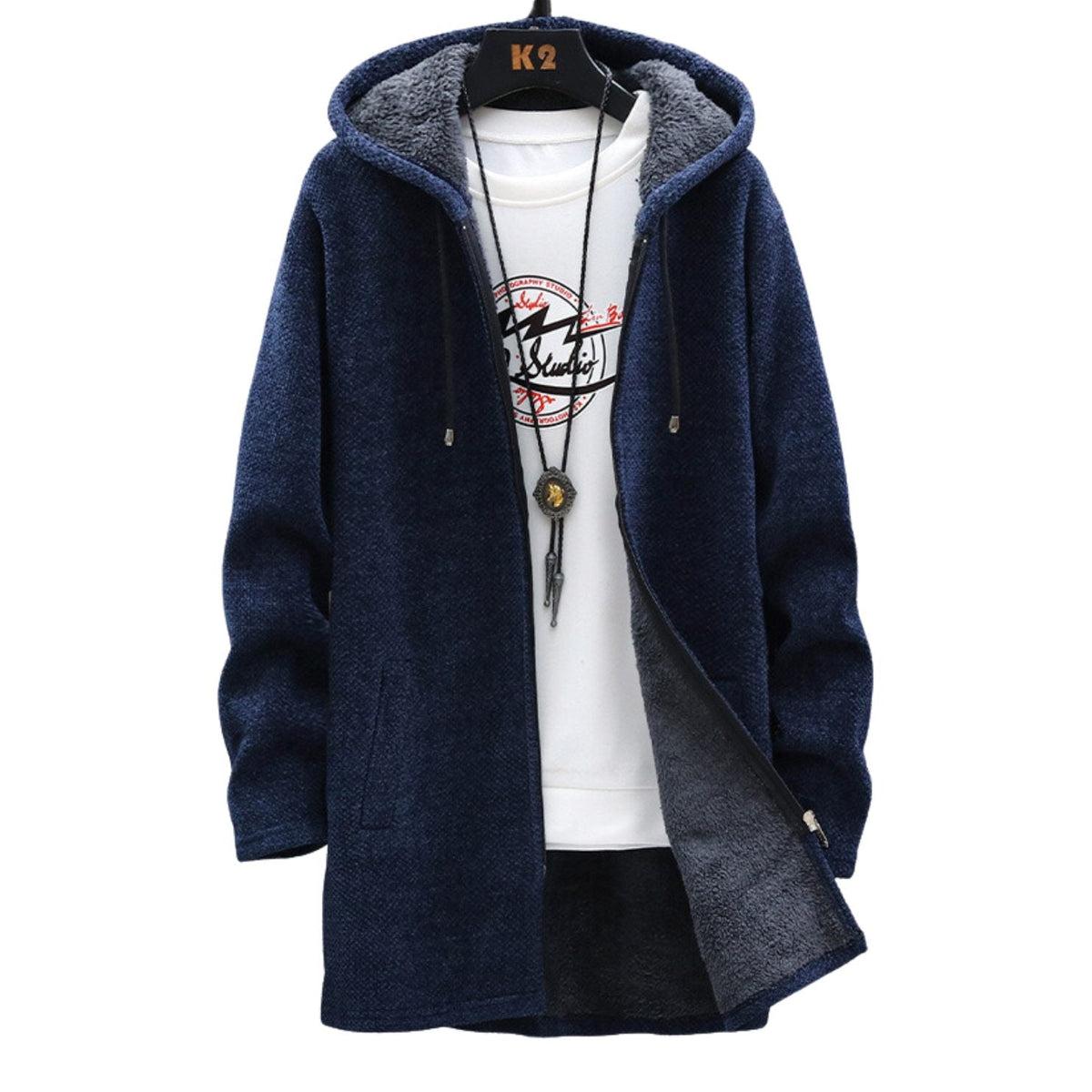 Women's Longline Zip Hoodie with Adjustable Hood - Blue
