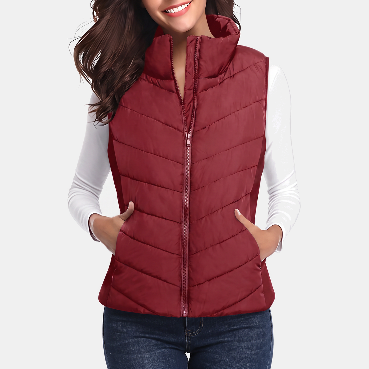 Women's Quilted Puffer Gilet Stand Collar Zip Up Sleeveless Gilet - Racing Red