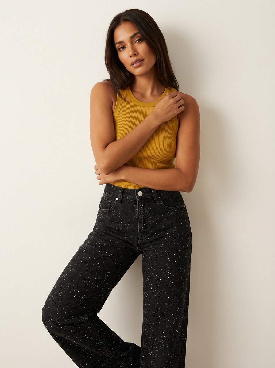 Women's High Waist Straight Leg Jeans with Glitter Detail - 6