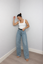 Women's High Waist Straight Leg Jeans with Glitter Detail - 8
