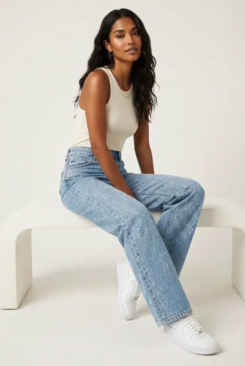 Women's High Waist Straight Leg Jeans with Glitter Detail - Blue