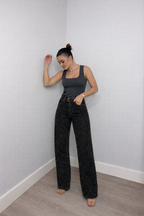 Women's High Waist Straight Leg Jeans with Glitter Detail - 11