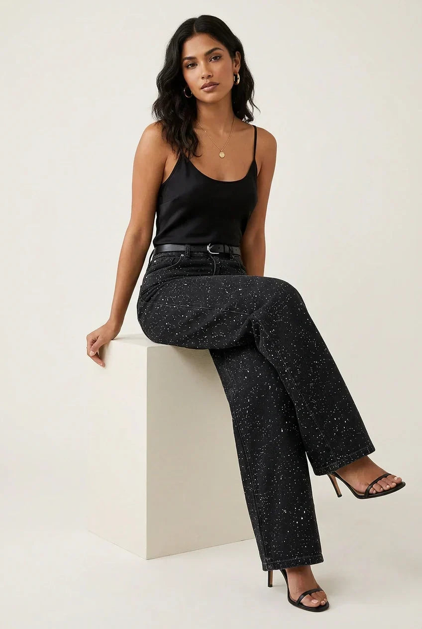 Women's High Waist Straight Leg Jeans with Glitter Detail - 7