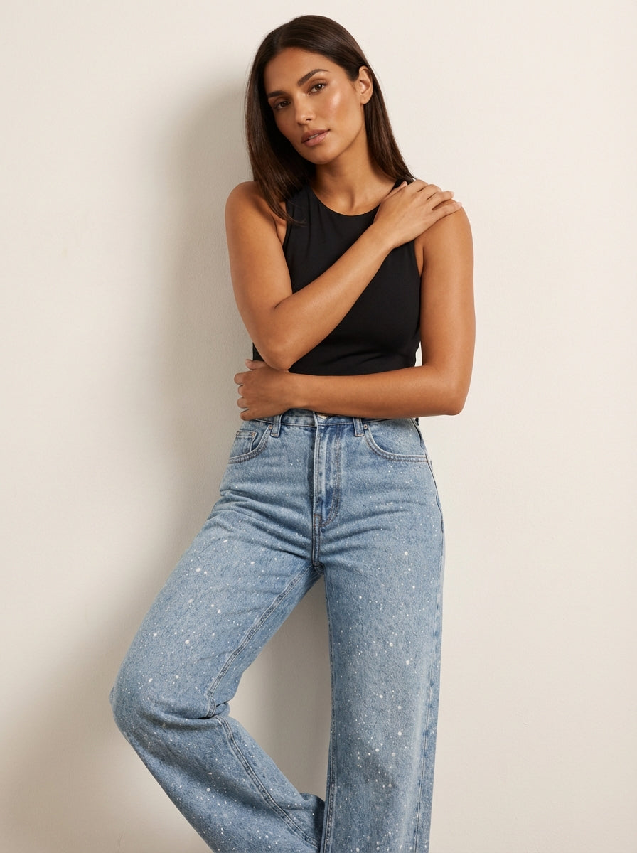 Women's High Waist Straight Leg Jeans with Glitter Detail - 3