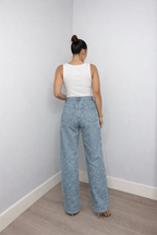 Women's High Waist Straight Leg Jeans with Glitter Detail - 9