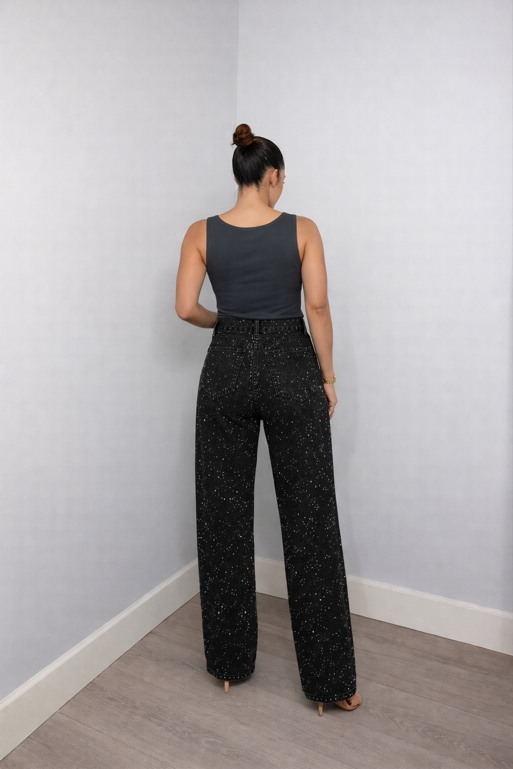 Women's High Waist Straight Leg Jeans with Glitter Detail - 12