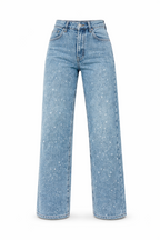 Women's High Waist Straight Leg Jeans with Glitter Detail - 10