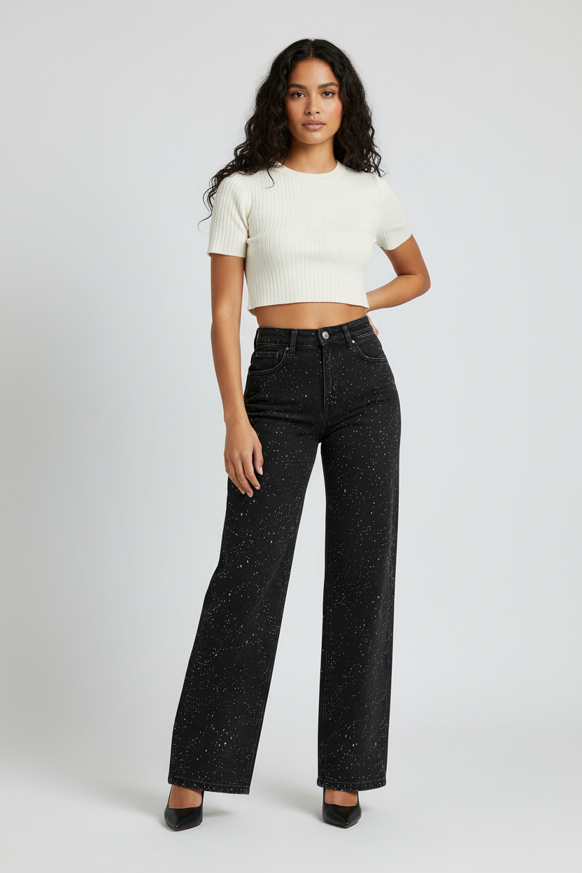 Women's High Waist Straight Leg Jeans with Glitter Detail - Black