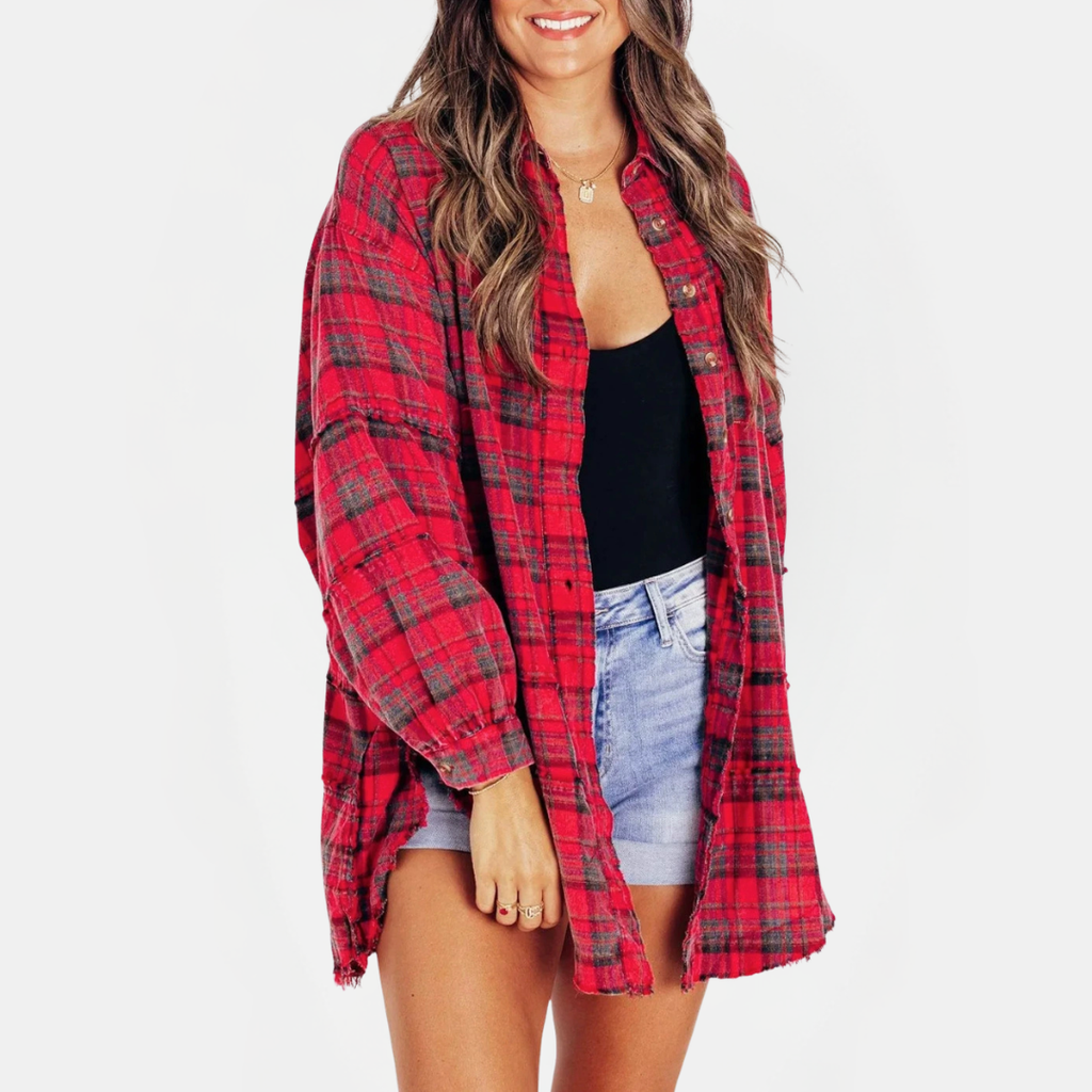 Women's Raw Hem Shirt Oversized Long Sleeve Blouse - Red