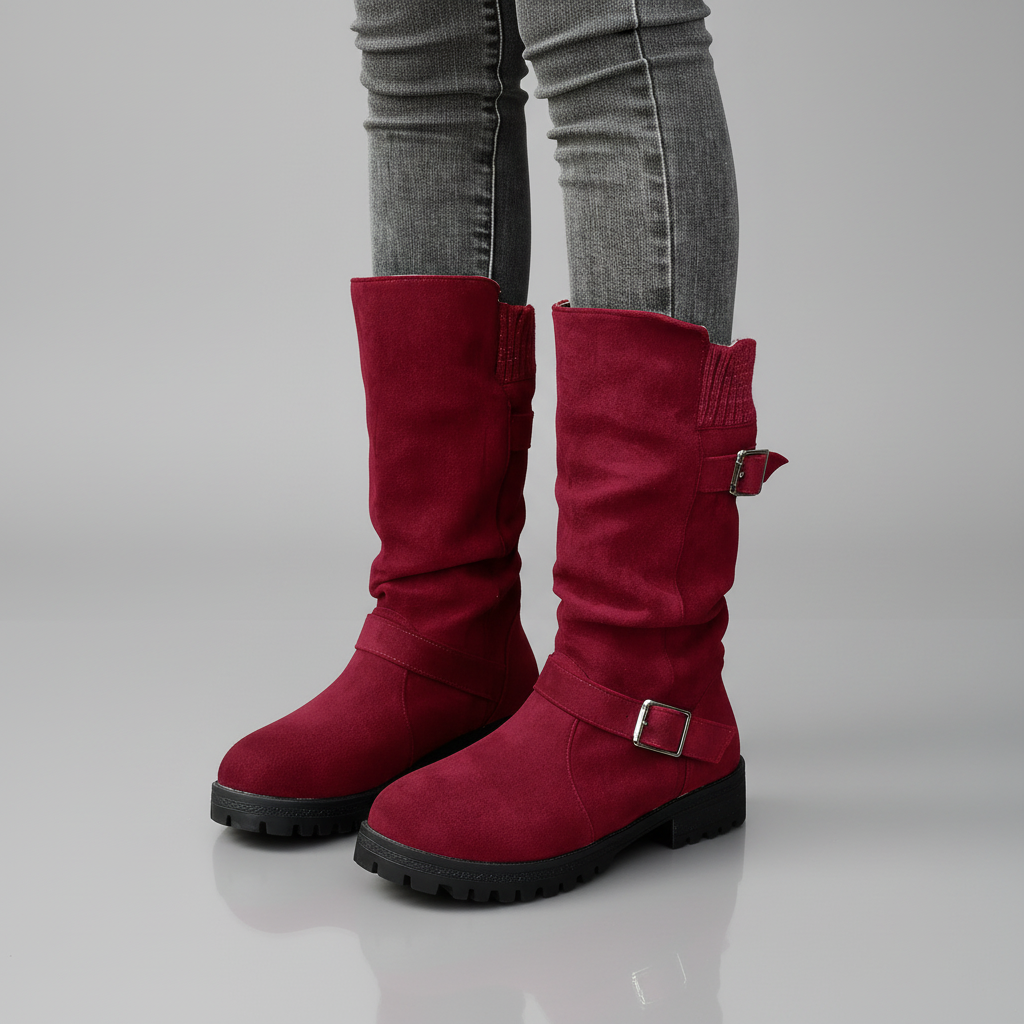 Women's Ankle Boots with Knit Cuff and Buckle Detail - Red Cabernet