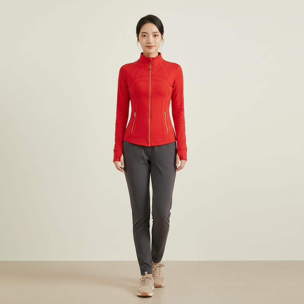 Women's Sports Jacket Long Sleeve with Full Zip and Stand Collar - Red