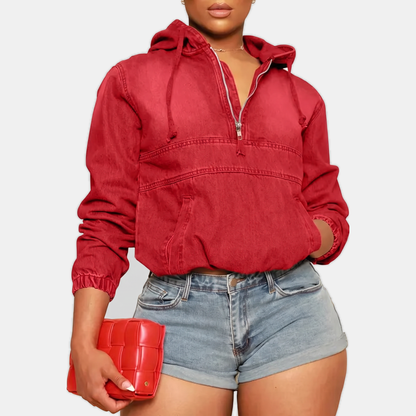 Women's Cropped Zip Up Hoodie Denim Sweatshirt - Red