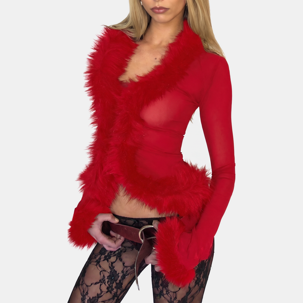 Women's Faux Fur Trim Open Front Cropped Cardigan - Red