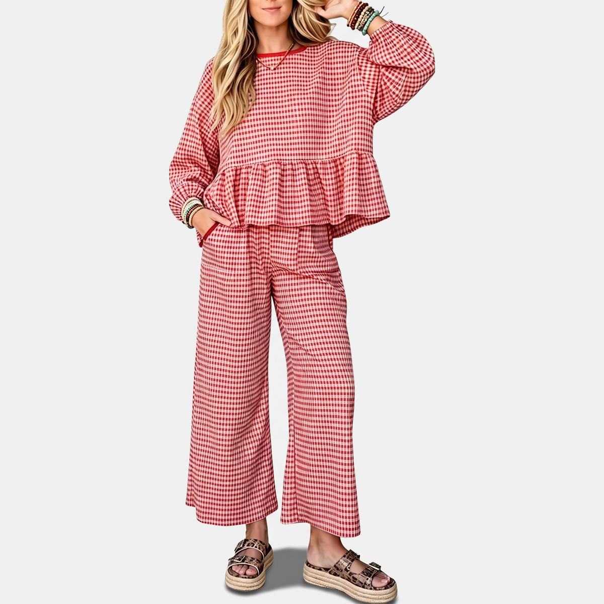 Women's Ruffle Hem Lounge Set Wide Leg Cropped Trousers - Red