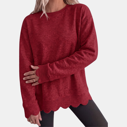 Women's Scallop Hem Crewneck Oversized Sweatshirt - Red