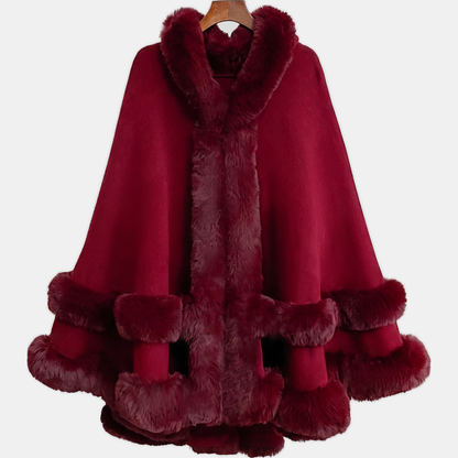 Women's Faux Fur Trim Hooded Knit Cape Coat - Red