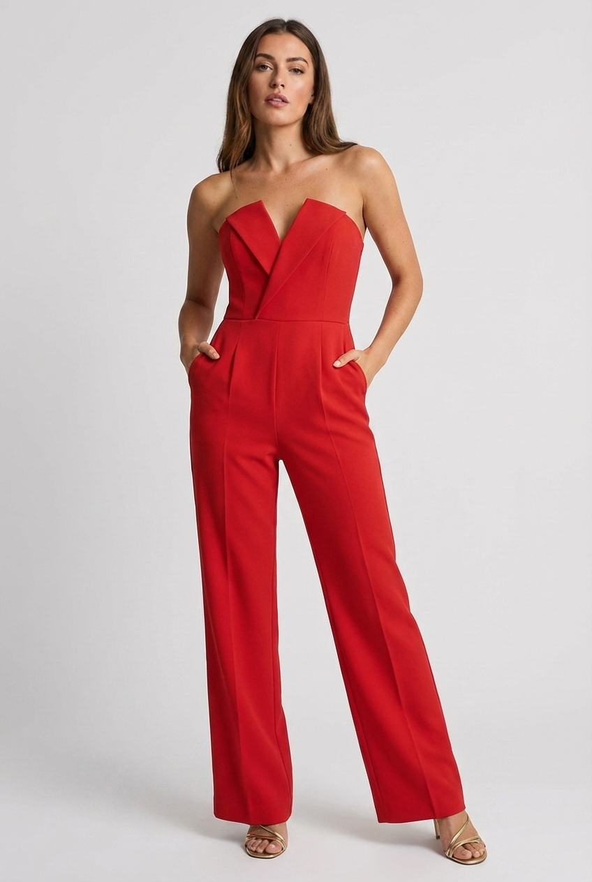Women's Strapless Jumpsuit with Wide-Leg Trousers - Red