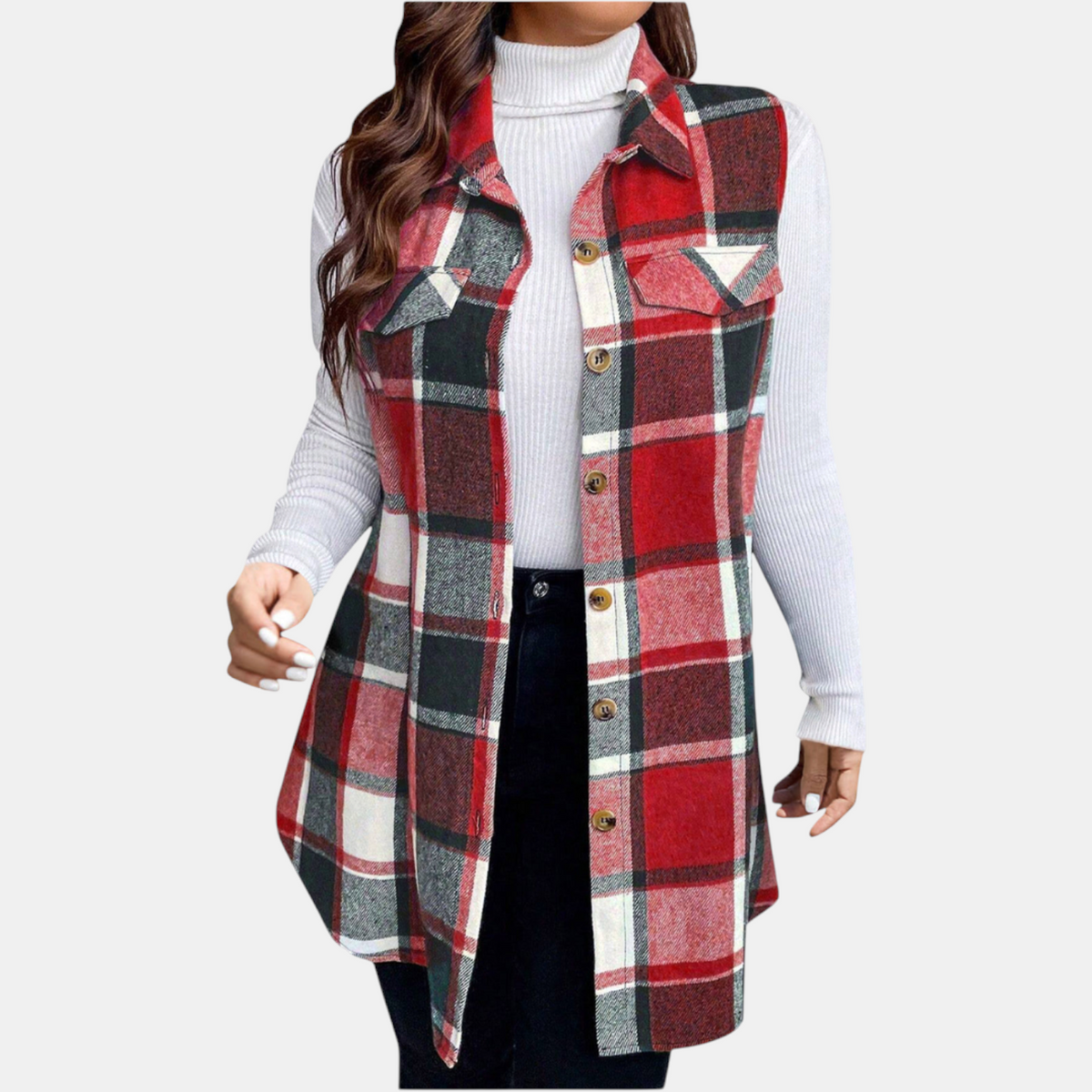 Women's Check Sleeveless Button Front Longline Gilet - Red